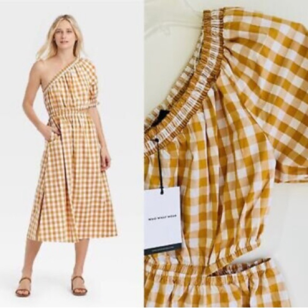 Who What Were Gingham One-Shoulder Maxi Dress in Mustard and White Size L New - Picture 1 of 4
